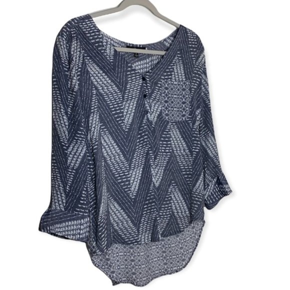 Fred David multi pattern half button down high low lightweight blouse size M - Picture 1 of 10